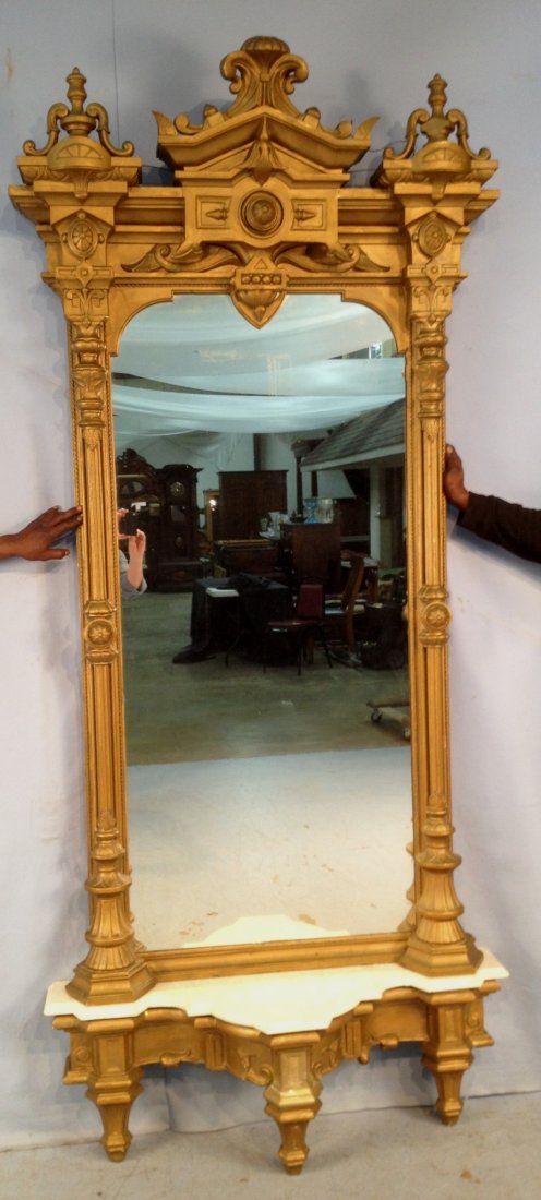 192: Victorian pier mirror with marble base and alabert: Victorian pier mirror with marble base and alabert crown, ca. 1870, need some restoration, 8ft 8in. T.