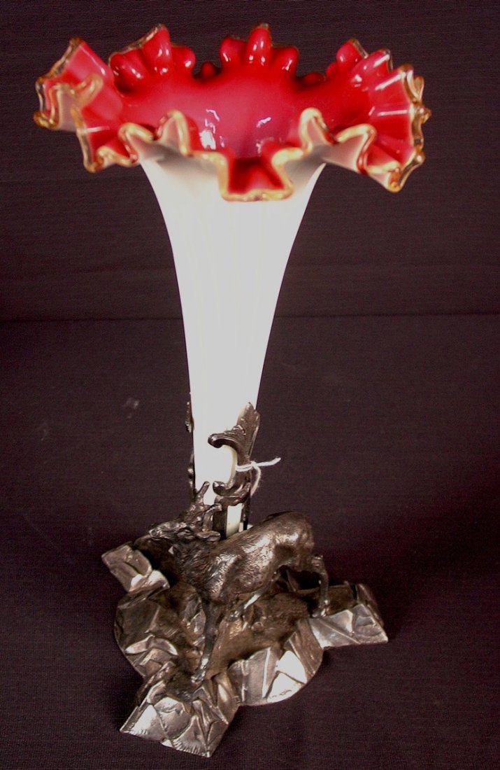141: Art glass single trumpet epergne, creamy ribbed: Art glass single trumpet epergne, creamy ribbed with crimped and ruffled edge in amber, cased in deep rose, 12in. T, 6in. W.