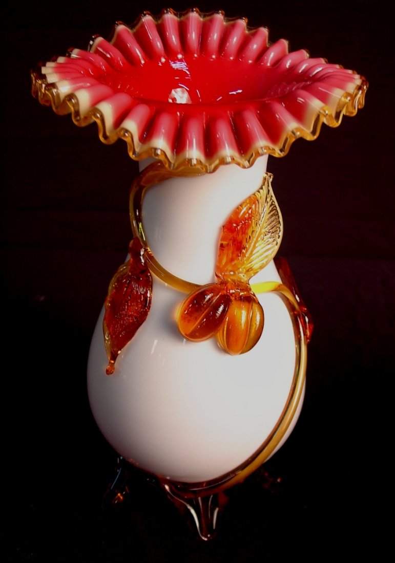 144: Stevens and Williams art glass vase, white with: Stevens and Williams art glass vase, white with amber applied glass, 10in. T, 6in. W.