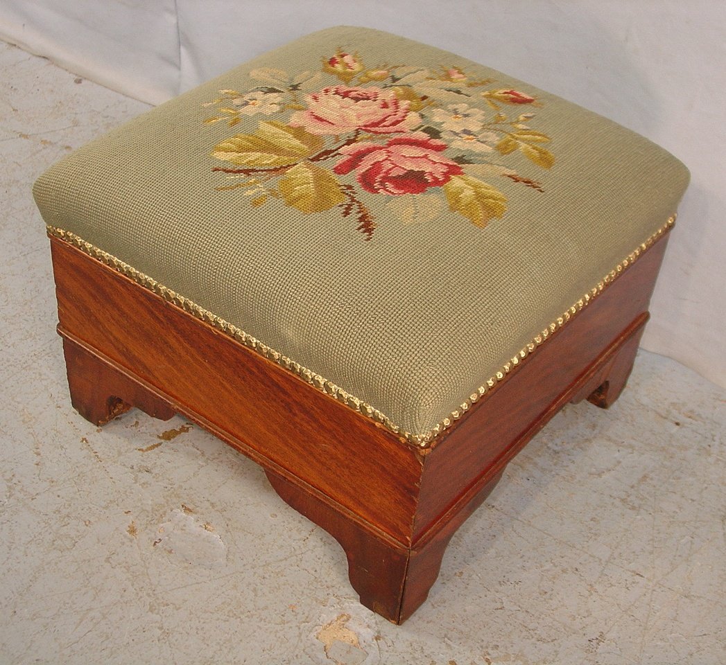 333: Empire mahogany foot stool with green needlepoint: Empire mahogany foot stool with green needlepoint seat with roses, 12in. T, 16in. Sq.