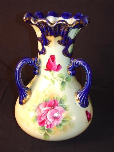 Large Nippon vase, three handles, hand painted with red: Large Nippon vase, three handles, hand painted with red roses and blue handles, unsigned - 12 in. T, 8 in. diameter
