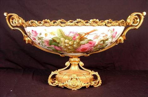 Dore bronze center piece with bronze mounted hand: Dore bronze center piece with bronze mounted hand painted bowl, fruit on one side, roses on the other, ca 1880, beautiful detail. 24"L, 13"T, 12"D