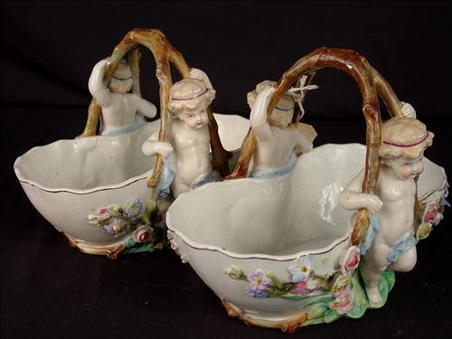 Pair of porcelain baskets with cherubs & flowers - 7"T: Pair of porcelain baskets with cherubs & flowers - 7"T