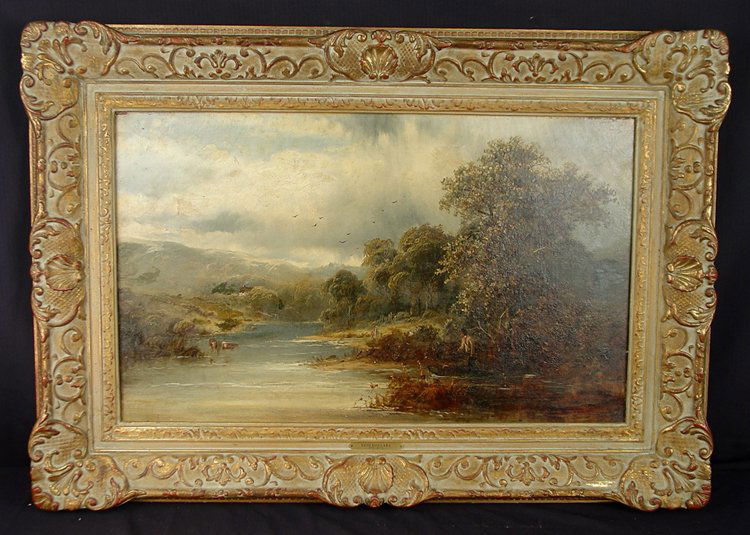Oil on canvas of cows on the river bank with man: Oil on canvas of cows on the river bank with man watching by David Bates A.R.A. (1836 - 1898) 24 x 34in.