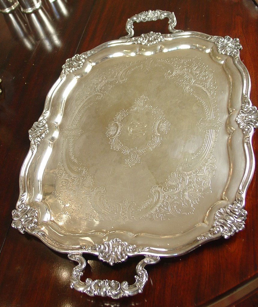 Serving tray, silver over cooper with ornate handles: Serving tray, silver over cooper with ornate handles and initial.