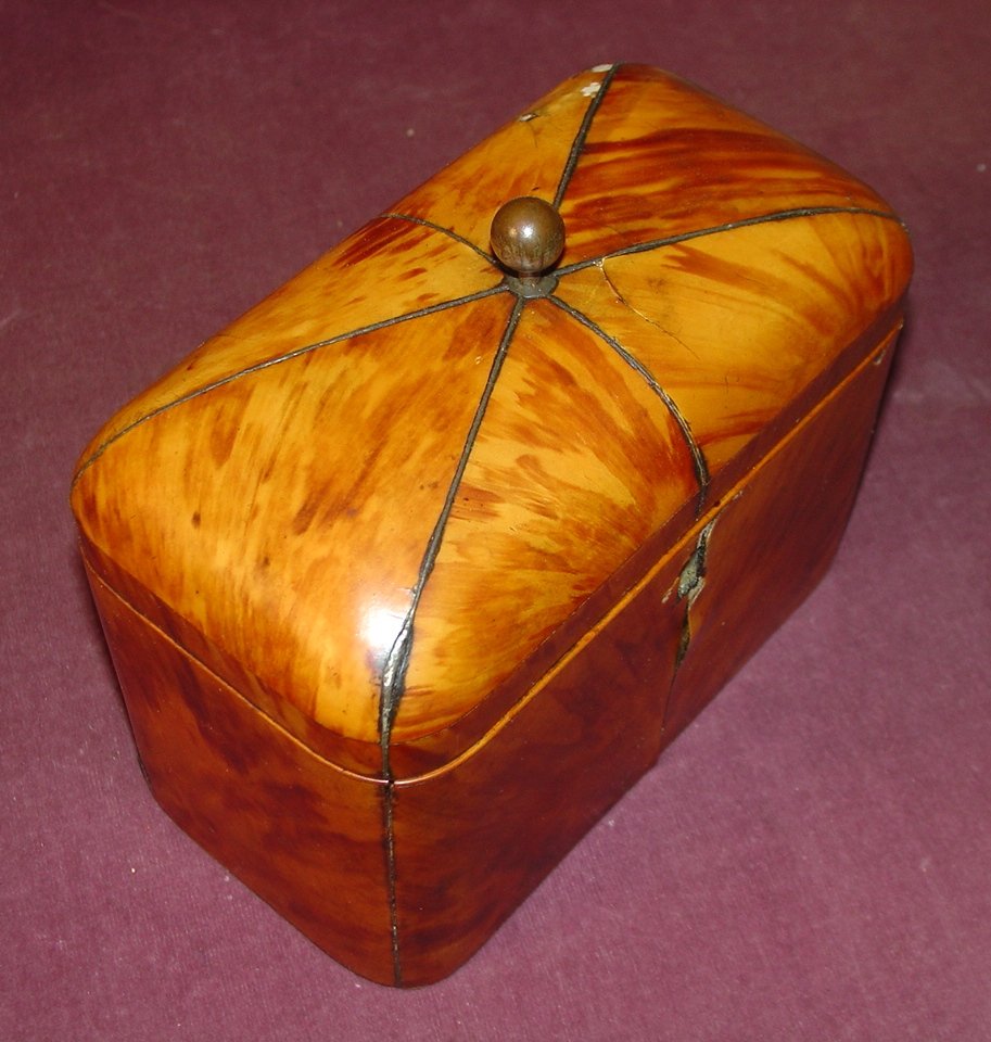 Tortoise shell tea caddy very old, ca 1800, 6 inches: Tortoise shell tea caddy very old, ca 1800, 6 inches tall x 7 inches wide