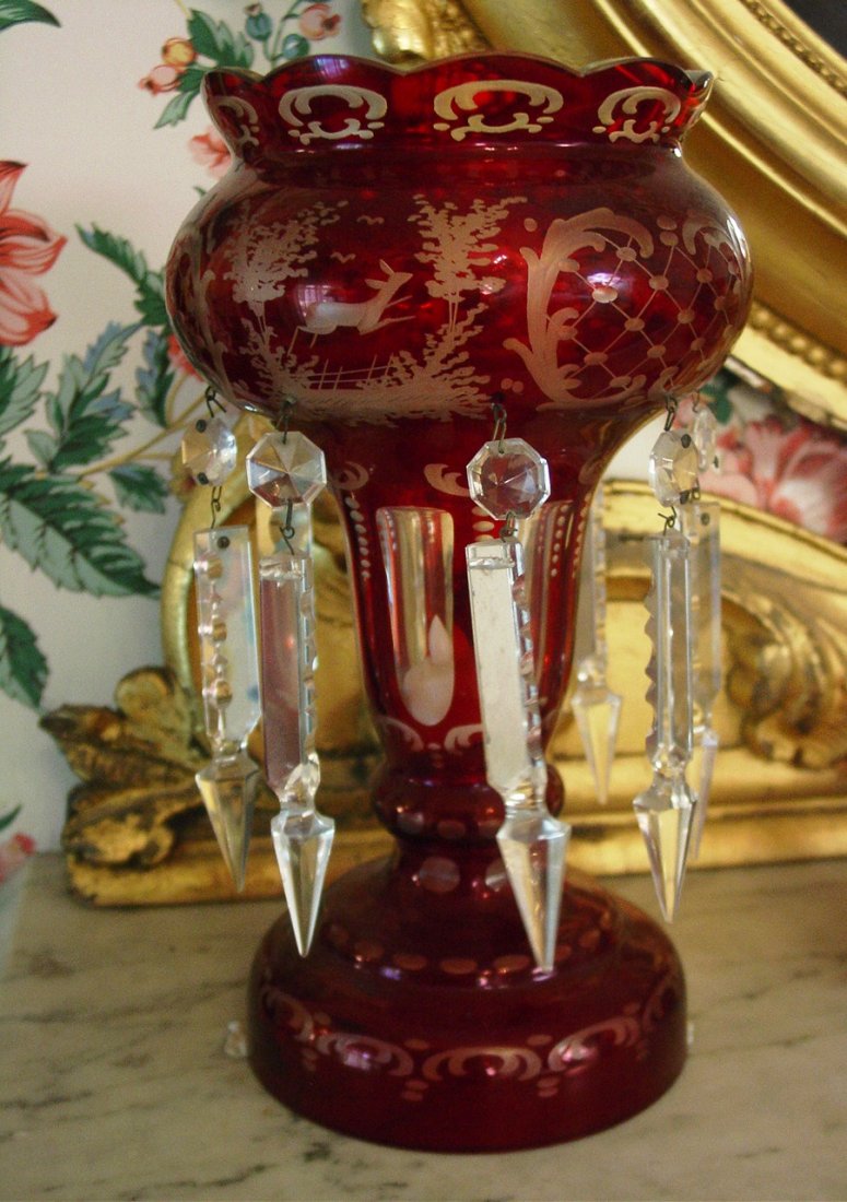 Bohemian mantle lusters, ca 1880 7inT 5in D, pair have: Bohemian mantle lusters, ca 1880 7inT 5in D, pair have deer on them