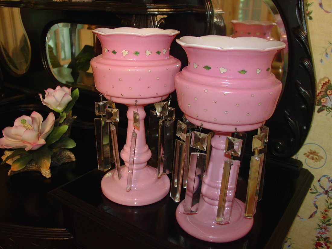 Matching pair of pink mantle lusters, 11 in T,5in D: Matching pair of pink mantle lusters, 11 in T,5in D