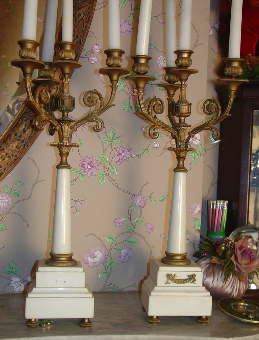 Pair of candelabras, 20inT, alabaster and bronze French: Pair of candelabras, 20inT, alabaster and bronze French with four candles.