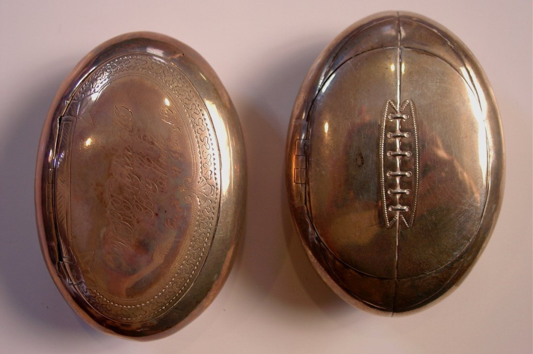 Pair of football snuff boxes with silver and gold wash: Pair of football snuff boxes with silver and gold wash interior, 17th century side squeeze hinge made by Sampson Morden & Co. London, England, ca. 1906