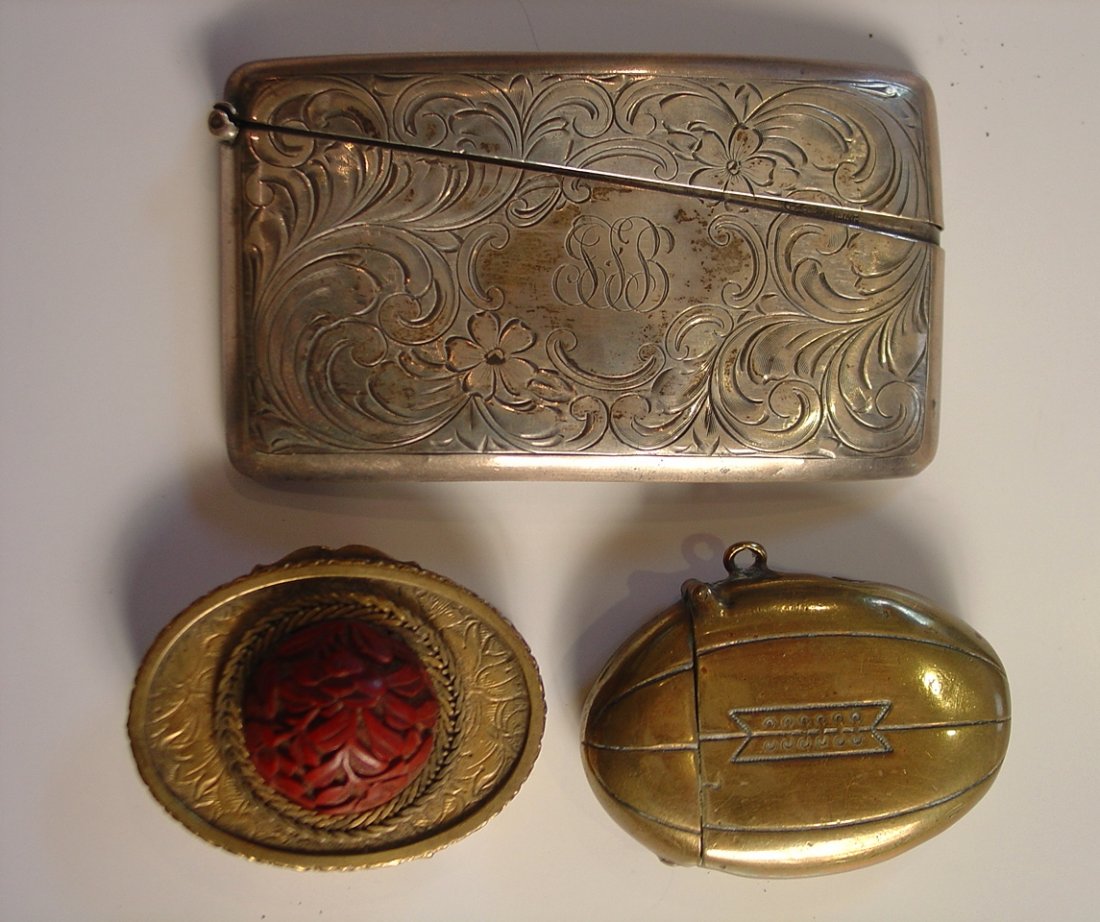 Three pc set sterling silver card case, pill box, &: Three pc set sterling silver card case, pill box, & match holder with striker