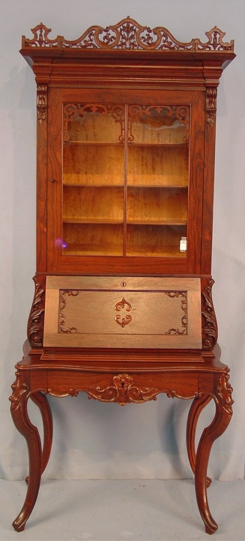 107: Rosewood rococo ladies secretary, signed Alexander: Rosewood rococo ladies secretary, signed Alexander Roux, ca 1850, 8FT T, 34IN W, 19IN D