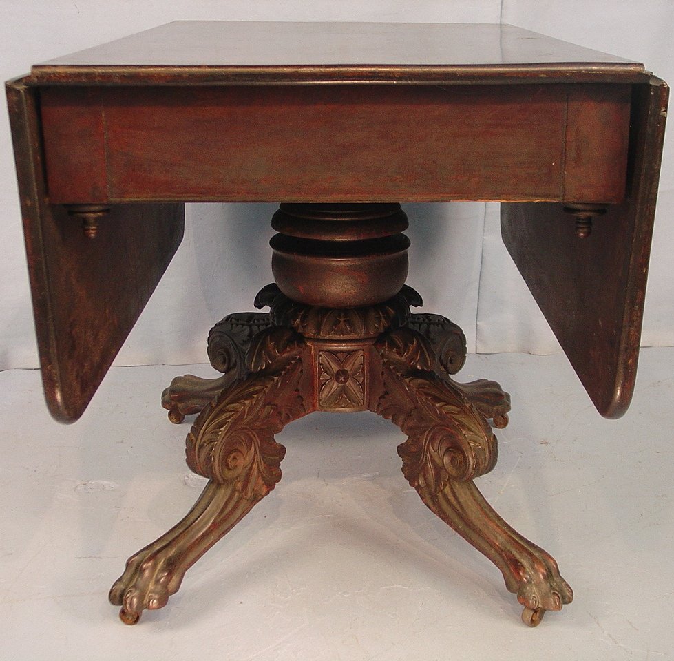 108: Period mahogany empire drop leaf breakfast table: Period mahogany empire drop leaf breakfast table with original finish, has one board top, 28IN T, 24IN W, 40IN L