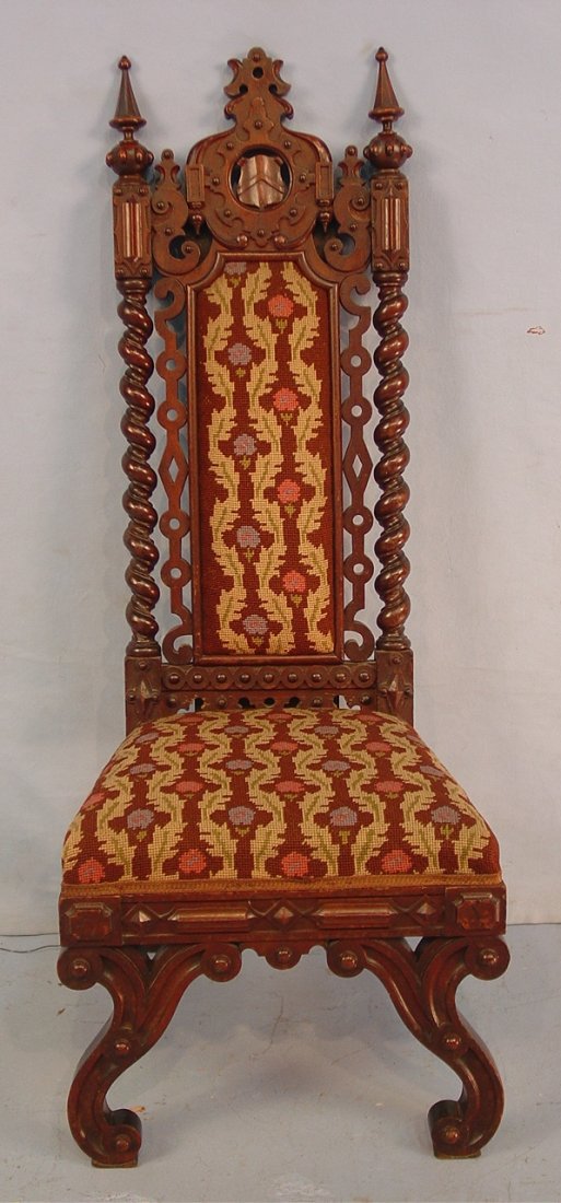 226: Walnut Victorian music chair with needlepoint: Walnut Victorian music chair with needlepoint back, 42IN T, 17IN W, 15IN D