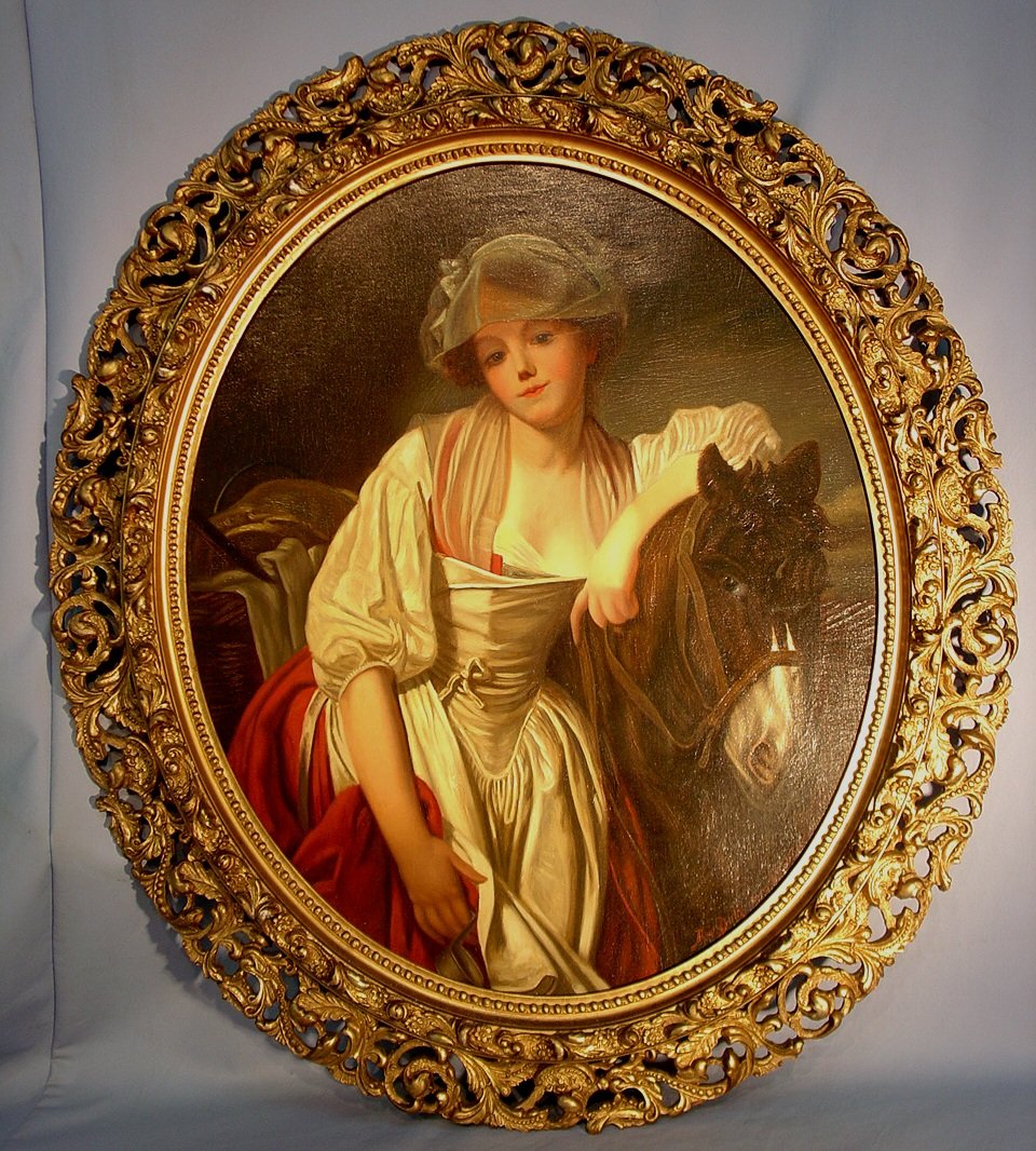 157: Oil on canvas by Louis Theodore Dube 1861-1925: Oil on canvas by Louis Theodore Dube 1861-1925 portrait painter, painting of Victorian lady with horse in antique gold frame, has been cleaned and stretched