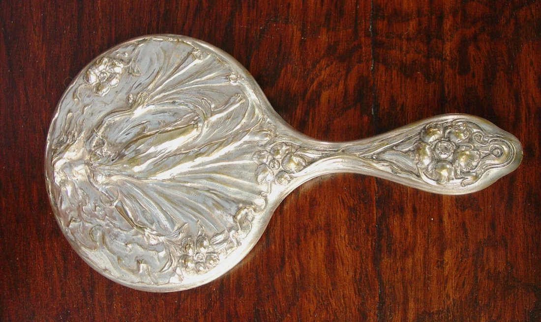 320: Silver plate dresser mirror with angel figural: Silver plate dresser mirror with angel figural