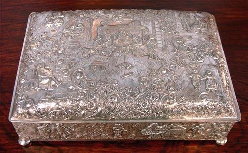 311: Ornate silver dresser box, has damage on inside,: Ornate silver dresser box, has damage on inside, 9IN L, 6IN W, 2IN D