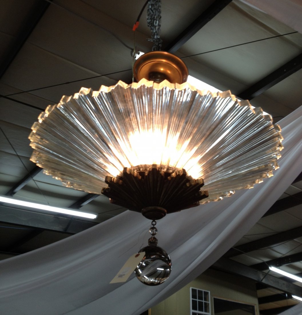 1549: Bronze Art Nouveau crystal light fixture: Bronze Art Nouveau crystal light fixture, original to Walter Place, ca. 1910, 28 in. T, 32 in. W