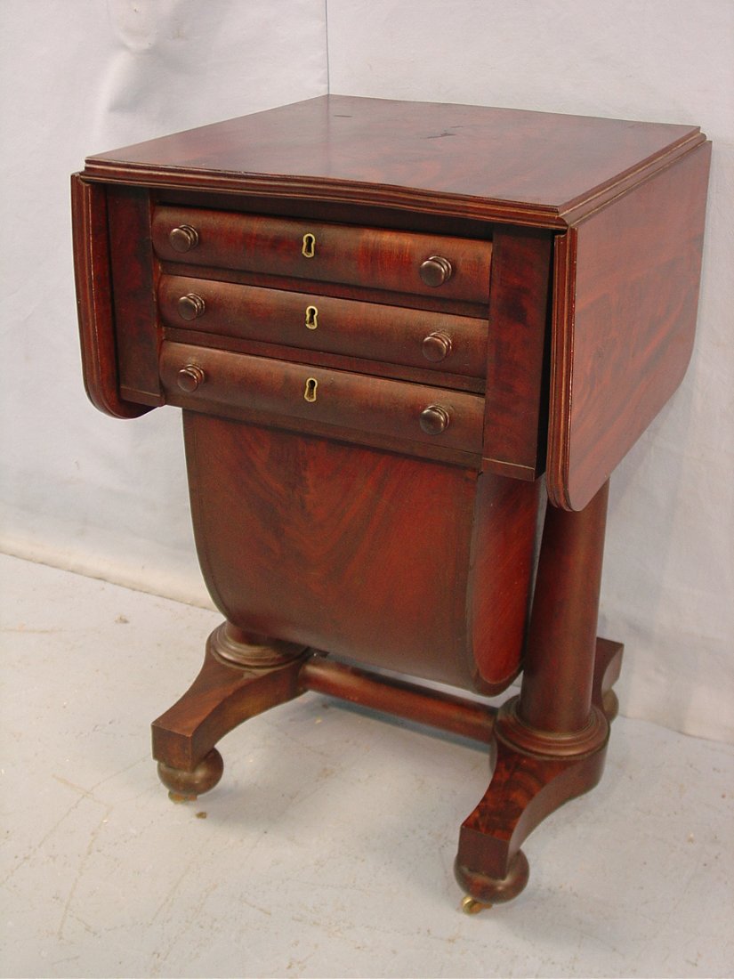 Possum belly sewing stand: Empire mahogany possum belly sewing stand, 29IN T, 17IN W, 18IN D