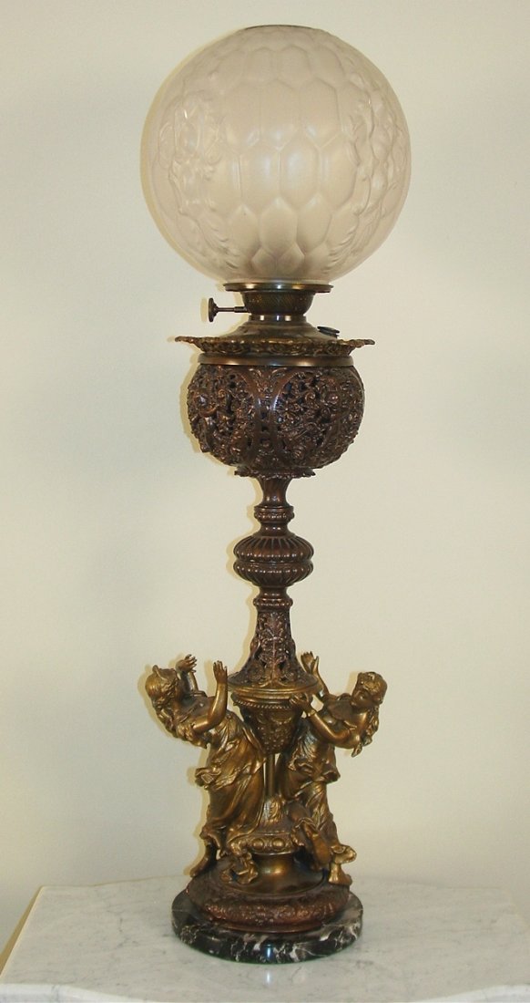 Oversized Victorian Banquet Lamp with two dancing: Oversized Victorian Banquet Lamp with two dancing ladies, silver-tone shade, 36IN T, ca. 1890..