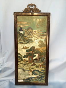 1202 - Very old Chinese porcelain and bronze plaque: Very old Chinese porcelain and bronze plaque, Tang Leung Kee, 19 in. W, 40 in. T.