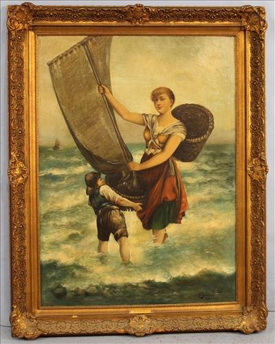 Oil on canvas of boy and woman: Oil on canvas of boy and woman holding sail in ocean, signed, F. Geraret in gold frame, 37 x 47