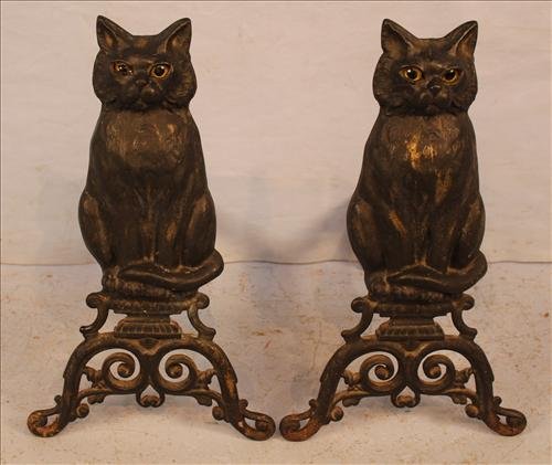 Pair of black cat andirons: Pair of black cat andirons, 17 in. T.