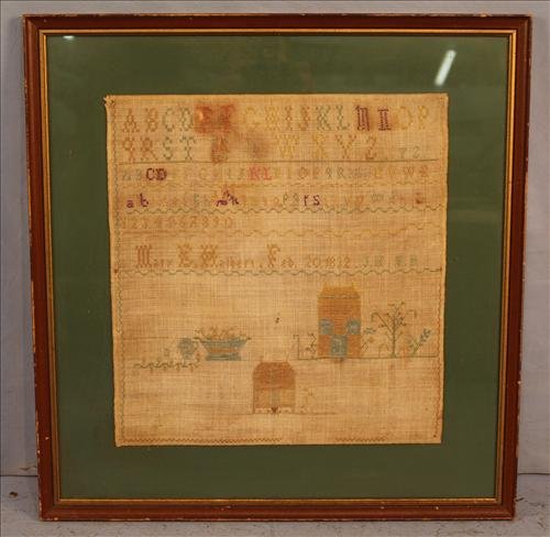 Victorian sampler in gold frame: Victorian sampler in gold frame with green matting, 24 x 25