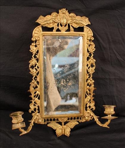 Brass Victorian shaving mirror candle holder: Brass Victorian shaving mirror with beveled glass and candle holder, 18 in. T, 9 in. W