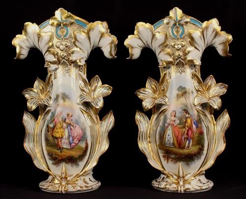 Large matched pair Old Paris vases with courting scenes: Very large matched pair Old Paris vases with courting scenes, has Lilly floral on sides with blue and gold enamel paint, 19 in. T, 12 in. W, ca. 1860.
