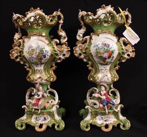 Pair Old Paris rococo vases, green in color (1 of 4)