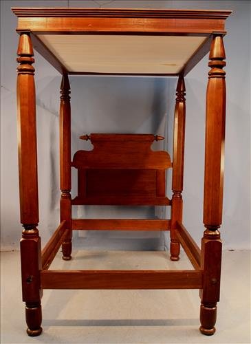 Mahogany Empire full tester bed with 4 post: Mahogany Empire full tester bed with large 4 post, 8 ft. 3 in. T, 55 in. W, 75 in. L.