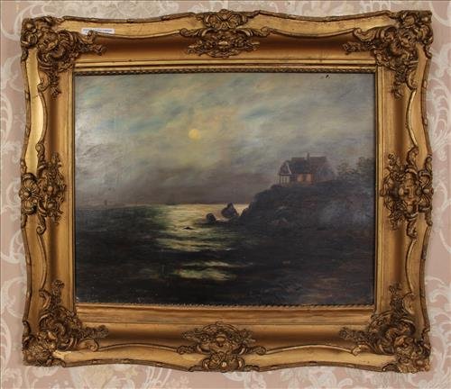 Victorian oil on canvas, seascape by E. Hanson: Victorian oil on canvas of seascape at night, signed E. Hanson in good Victorian frame. 29 x 33