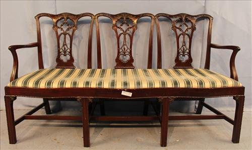 Chippendale 3 seat mahogany bench, stripe (1 of 3)