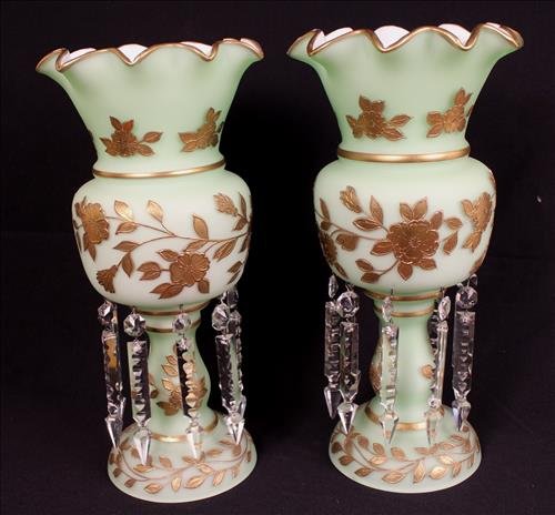 Pair lime green mantle lusters with gold: Matched pair of lime green mantle lusters with gold enamel paint, 14 in. T, 7 in. W.