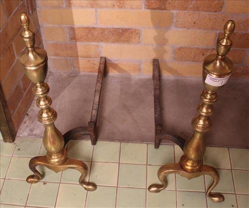 Brass Andirons set: Brass andirons set, 21 in. T.
