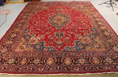 Handmade Persian rug in red, blue and tan, 9.7 x 12.9: Handmade Persian rug in red, blue and tan, 9.7 x 12.9