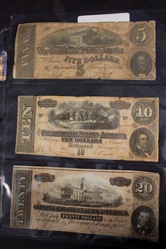 3 Confederate bills, 1 five, 1 ten, 1 twenty (1 of 3)