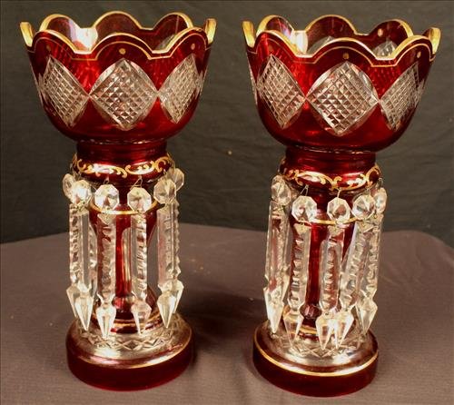 Matched pair red cut to clear mantle lusters: Matched pair red cut to clear mantle lusters, 13 in. T, 6.5 in. W.