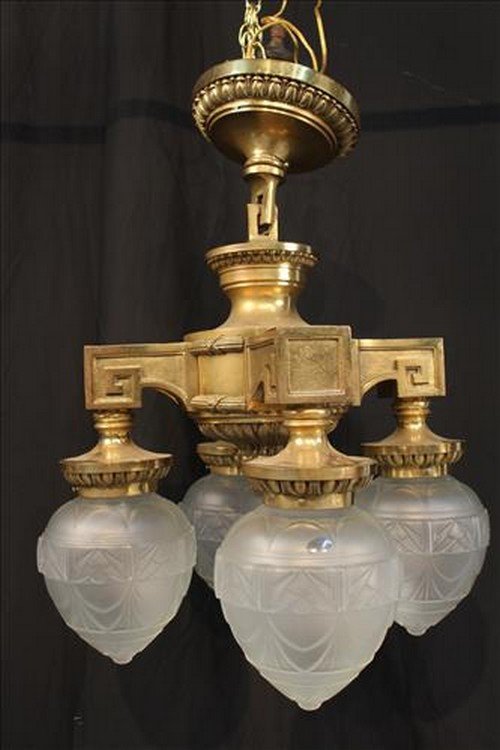 Bronze 4 light Victorian fixture with Deco globes (1 of 4)
