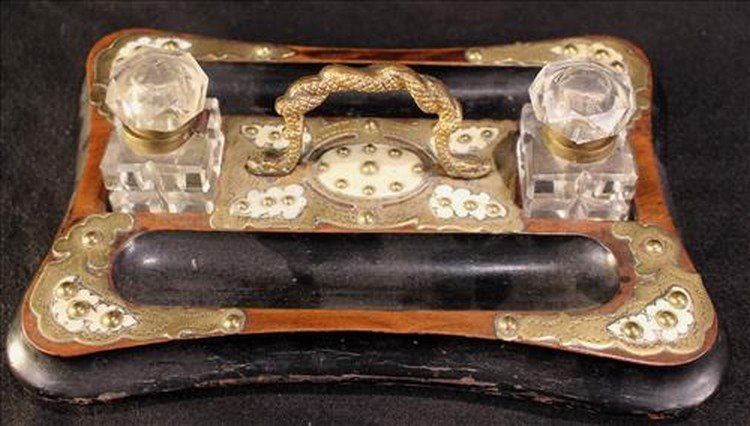 Desk inkwell with original bottles, 4 in. T, 11 in. W (1 of 3)