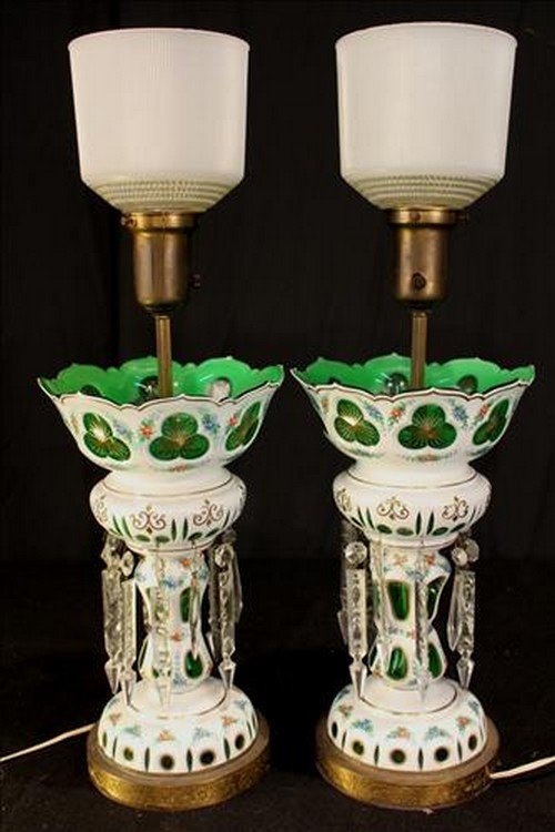 Pair white cut to green lusters made into lamps: Pair white cut to green mantle lusters made into lamps, 26 in. T.