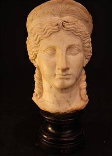 Victorian marble bust of ladies head: Victorian marble bust of ladies head on wooden base, 13 in. T.