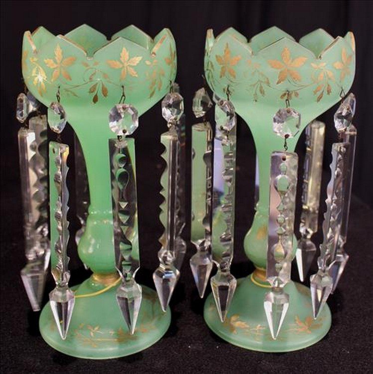 Matched pair small green with gold lusters, 10 in. T.: Matched pair small mantle lusters, green with gold enamel paint, 10 in. T.
