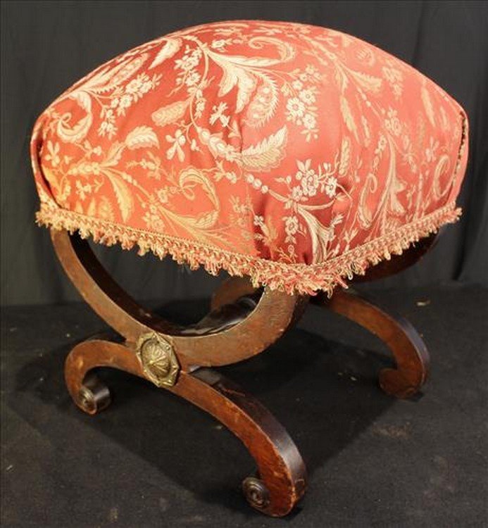 Duncan Phyfe style footstool with new upholstery: Duncan Phyfe style footstool with new upholstery, 17 in. T, 16 in. Sq.