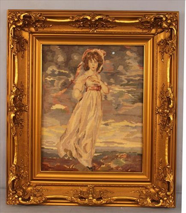 Victorian needlepoint of Pinky in gold leaf frame (1 of 3)