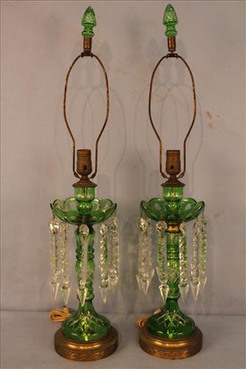 Matched pair green cut to clear mantle lusters: Matched pair green cut to clear mantle lusters made into lamps, 31 in. T.