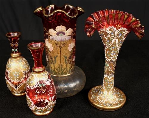 4 piece gold painted cranberry art glass, 9 in. T, 5 (1 of 3)