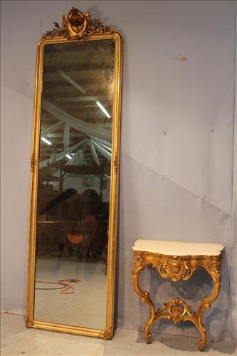 Very tall walnut gold gilded pier mirror with marble (1 of 3)