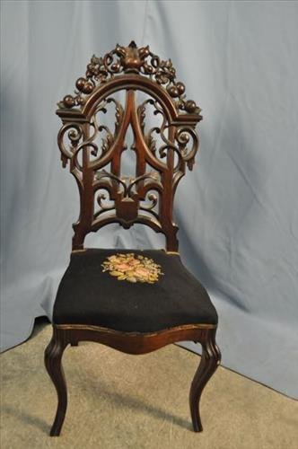Carved Back Chair with Needlepoint Seat 41 x 18w x 17d: Carved Back Chair with Needlepoint Seat 41 x 18w x 17d